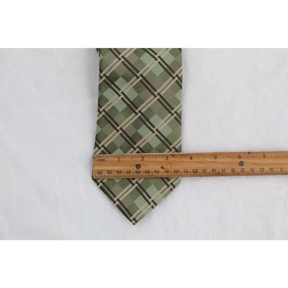 Geoffrey Beene 100% Silk Tie Green Gold Plaid Men Necktie